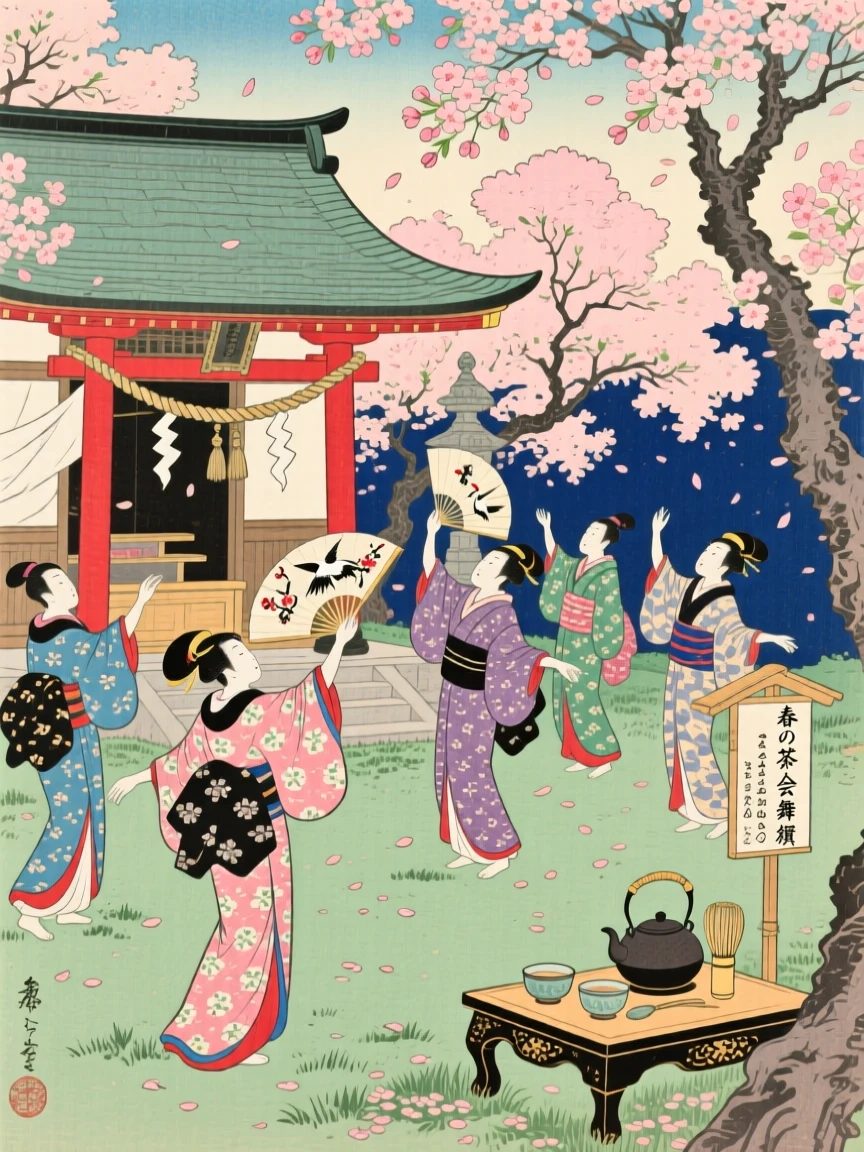 A spring tea gathering performing a traditional dance around a shrine.