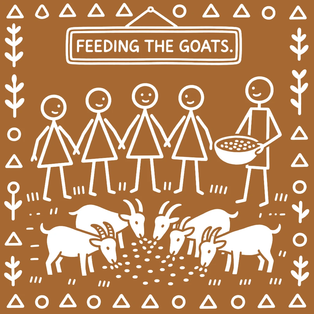 A group of friends feeding a herd of goats together.