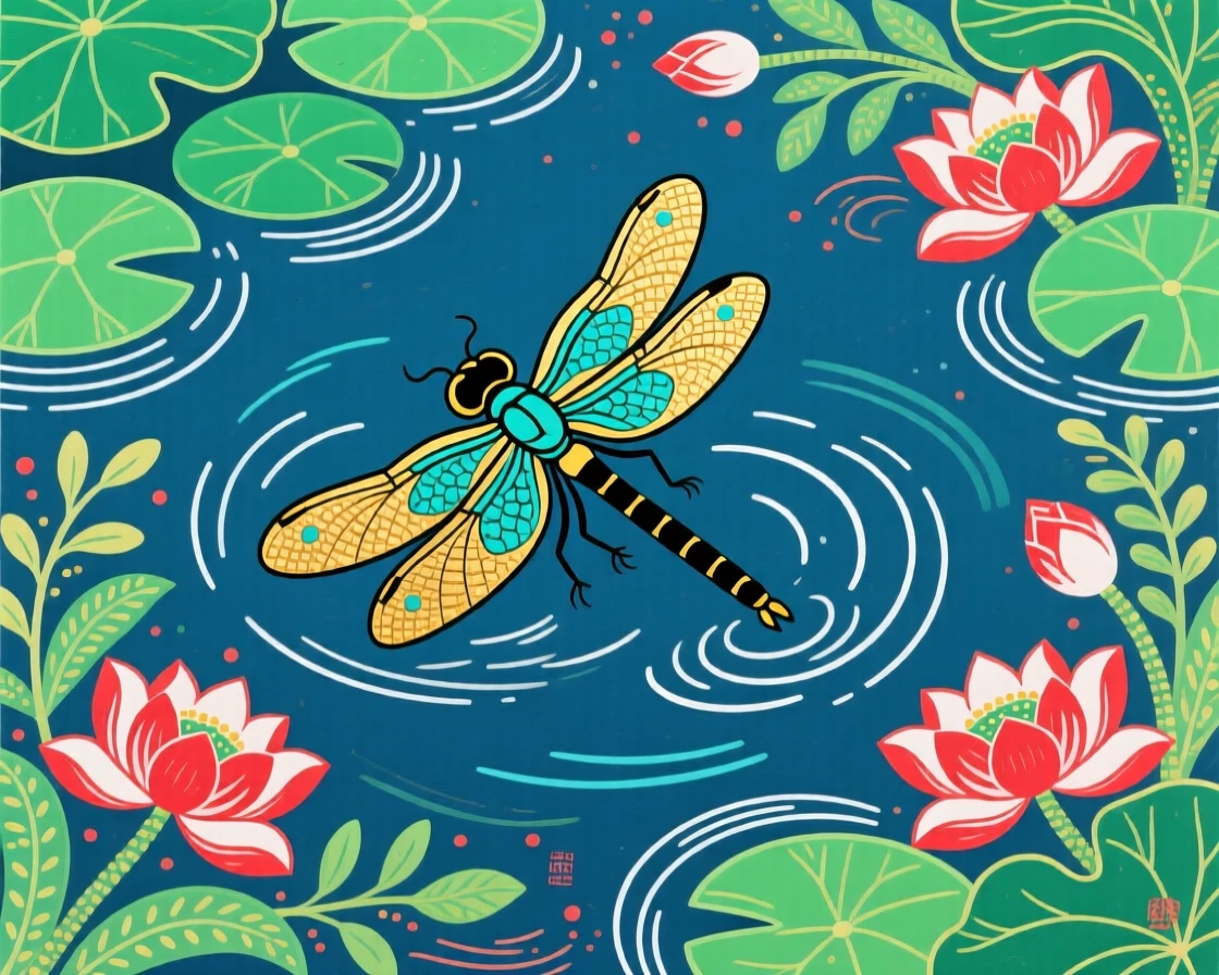 A dragonfly swimming in slow circles in a still garden pond.