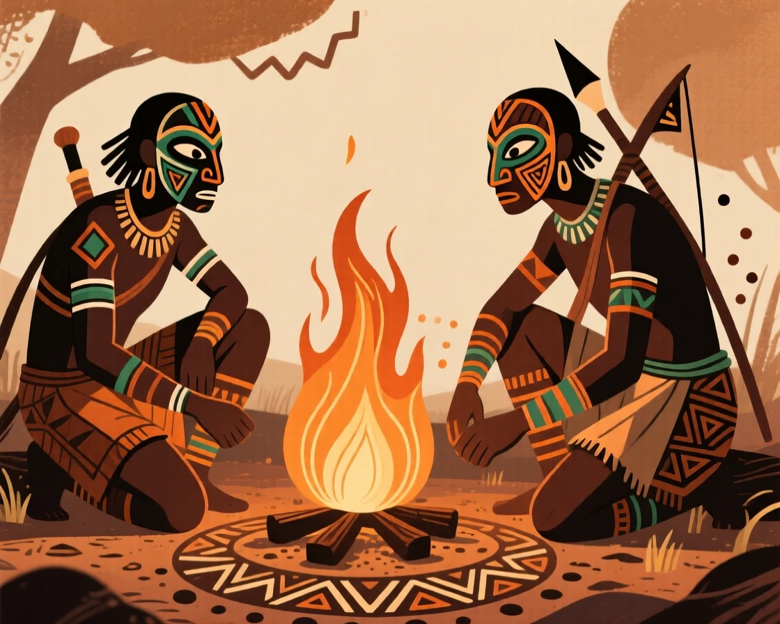 A pair of hunters gathered around a central fire.