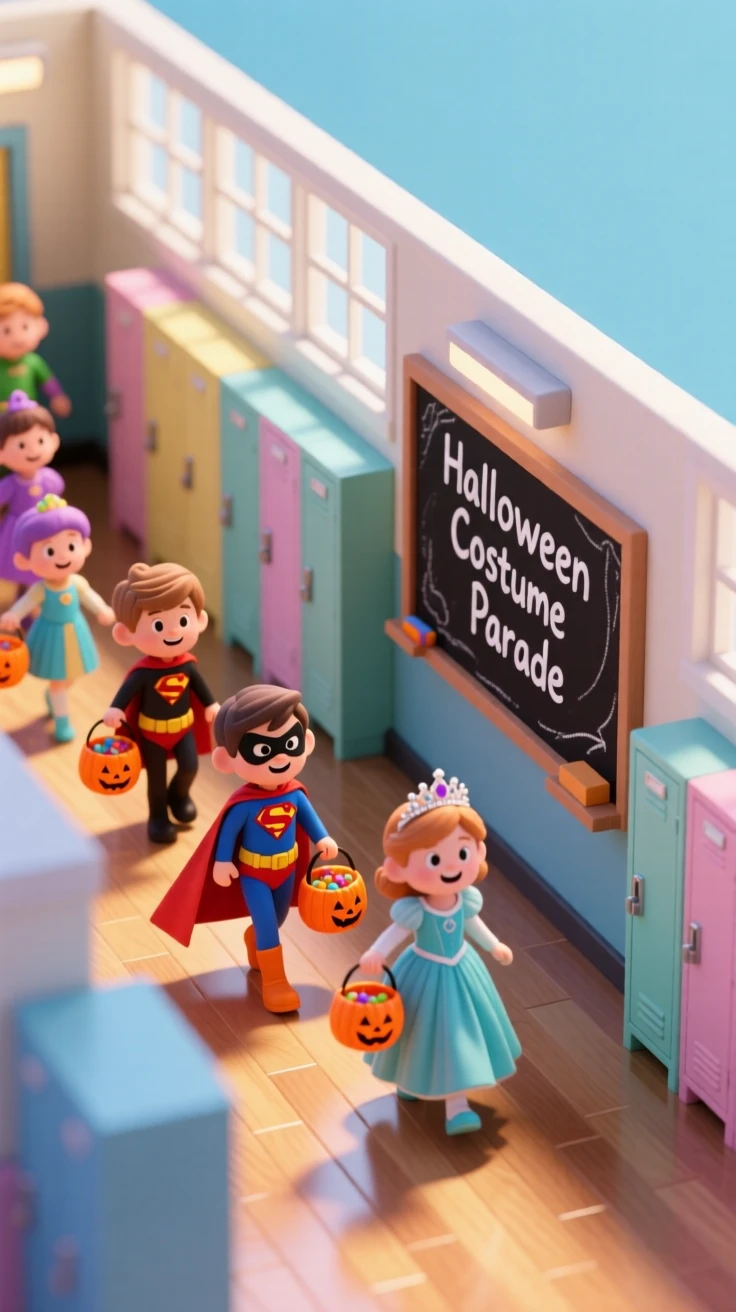 A Halloween costume parade through a school hallway, children dressed as superheroes and princesses carrying pumpkin buckets.