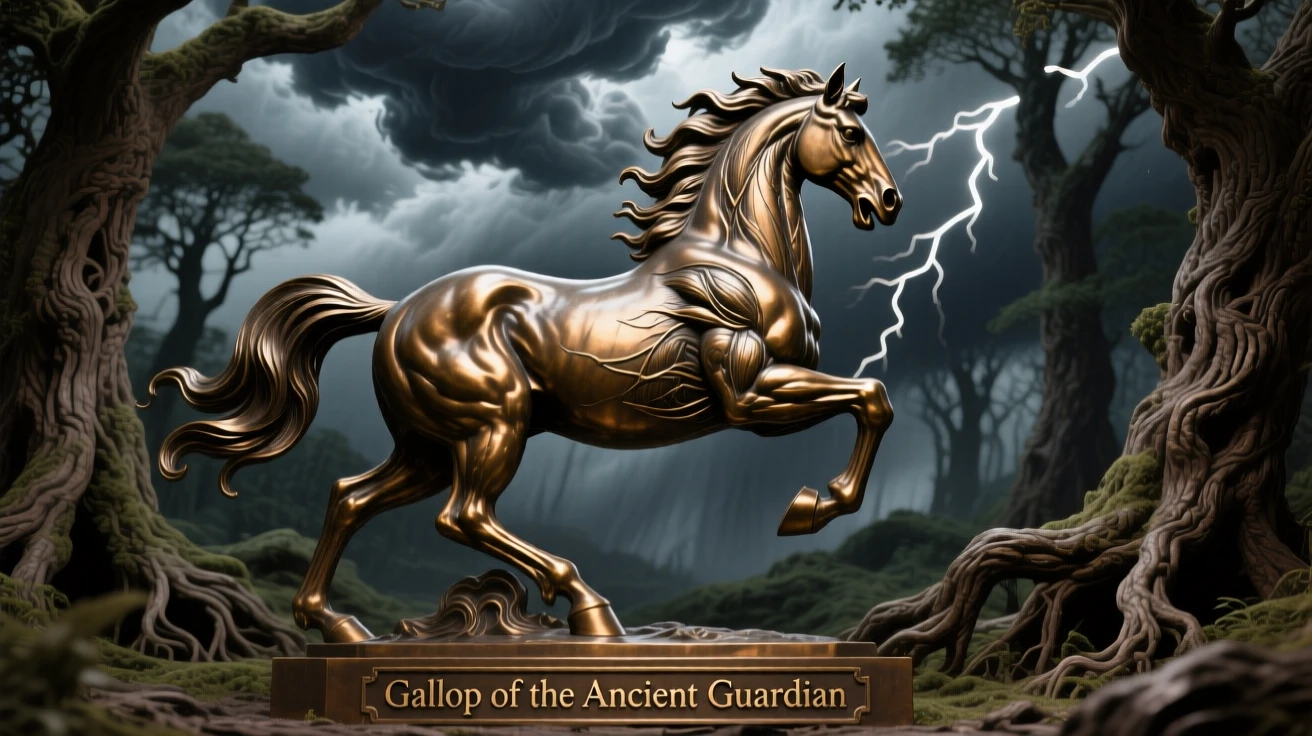 A centaur galloping through an ancient forest, framed by dramatic storm clouds, radiating awe and grandeur