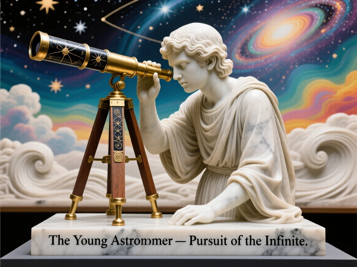 A beautifully composed image of a young astronomer gazing through a telescope, under a brilliant, colorful sky, full of atmosphere and visual storytelling