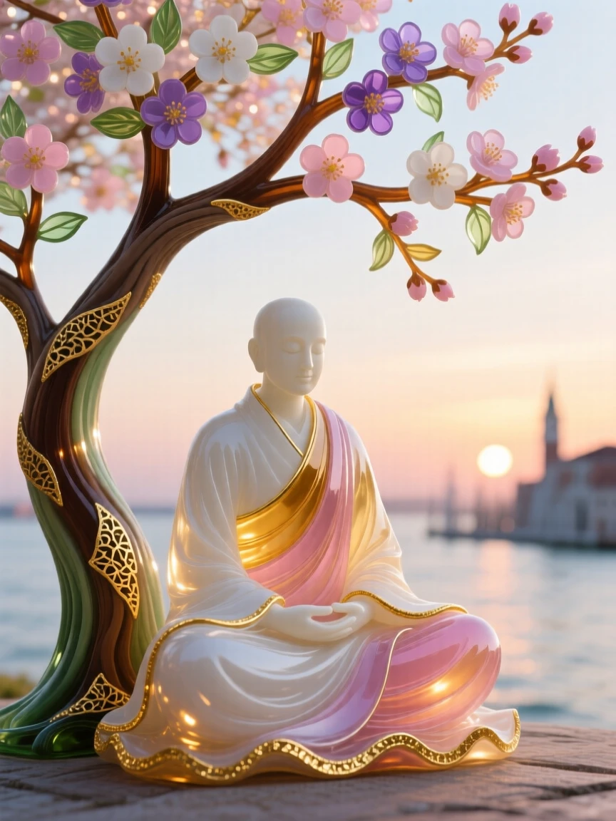 A lone monk meditating beneath a blossoming tree at dawn, peaceful and centered.