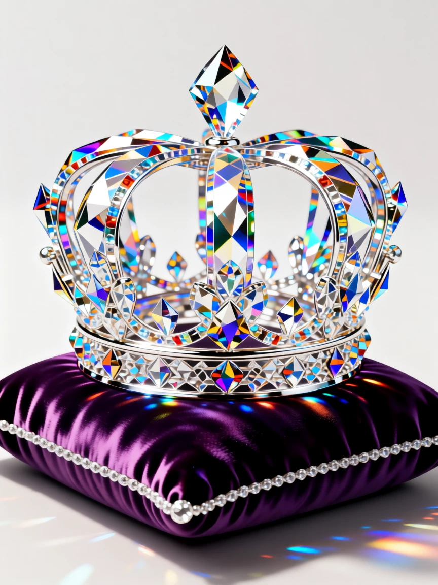 An antique jeweled crown replica displayed on a velvet cushion.
