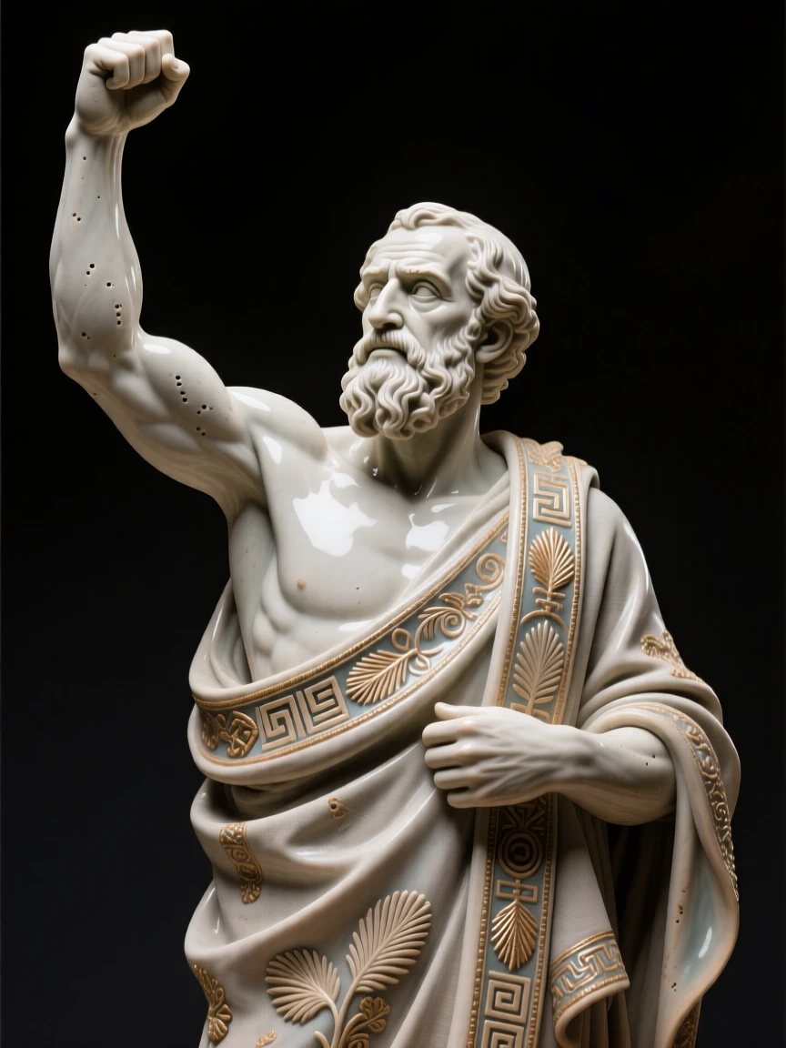 A Greek philosopher deep in thought raising an arm in triumphant gesture, draped in richly embroidered ceremonial cloth, radiating dignity, honor, and cultural pride.