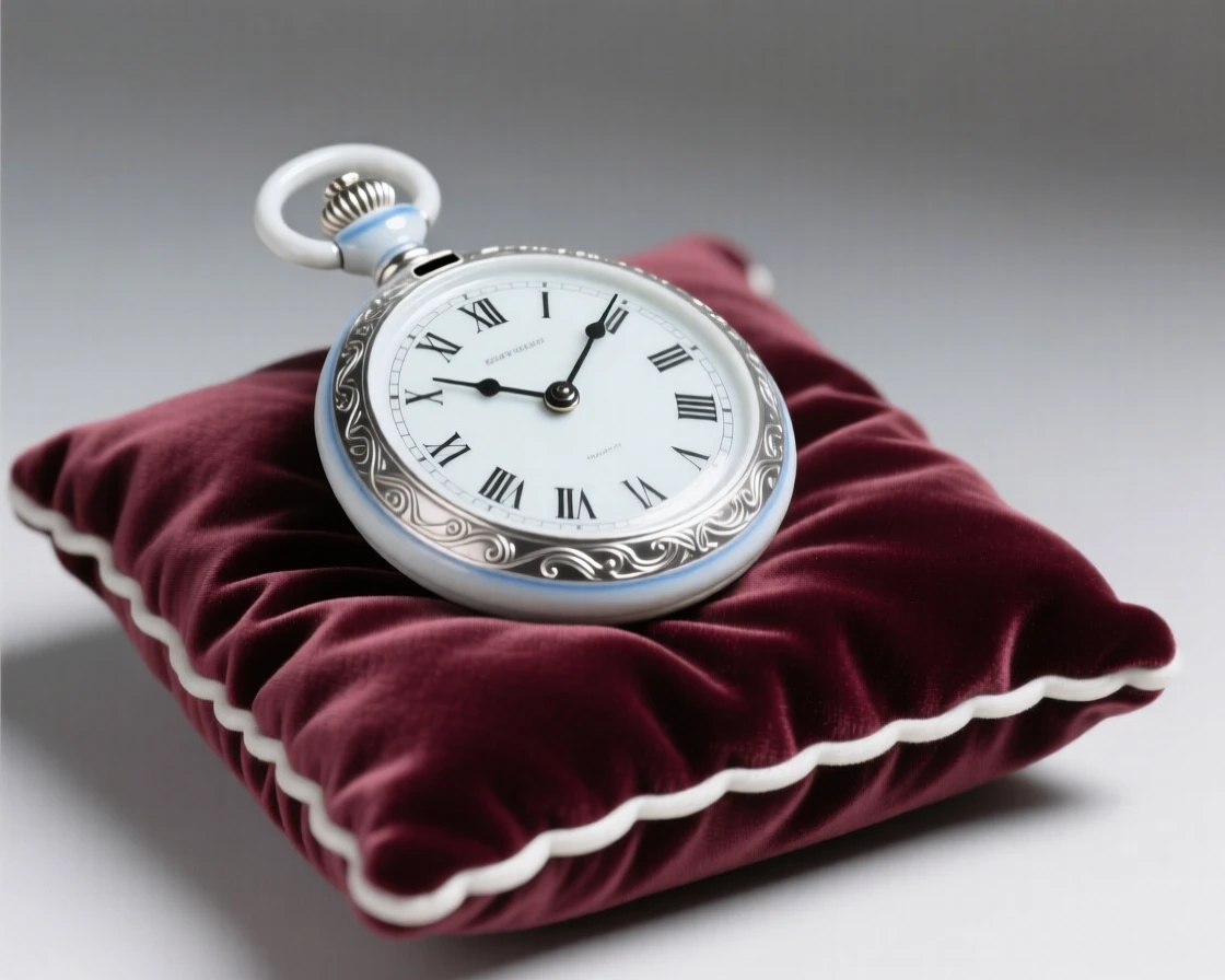 An elegant antique pocket watch on a velvet cushion, exquisitely detailed and finely crafted.
