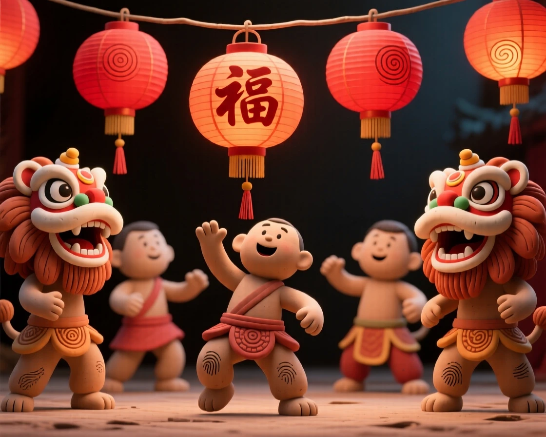 A group of lion dancers performing beneath red lanterns