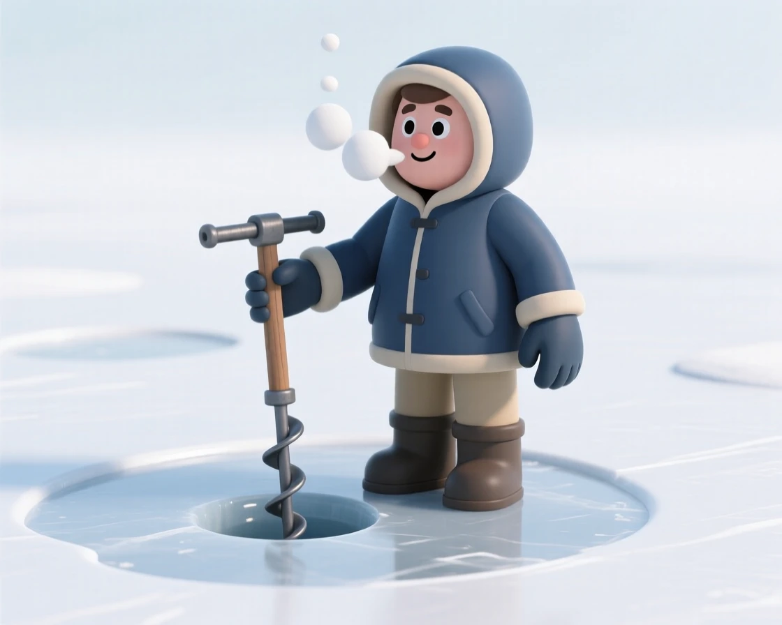 A gentle Canadian ice fisherman drills through thick ice, breath visible in the crisp winter air.