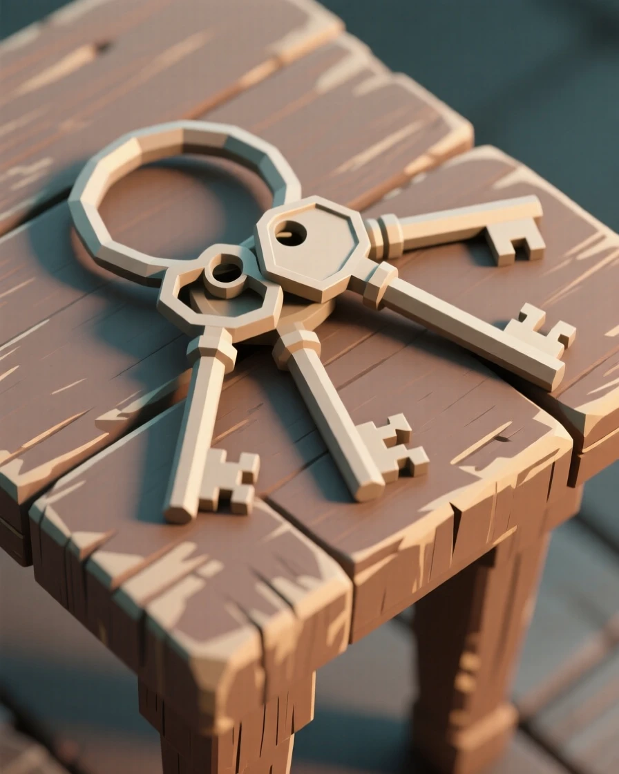 A key ring with ornate antique keys, on a weathered wooden table. the composition uses a balanced, classic still-life arrangement. The mood is warm and sentimental.