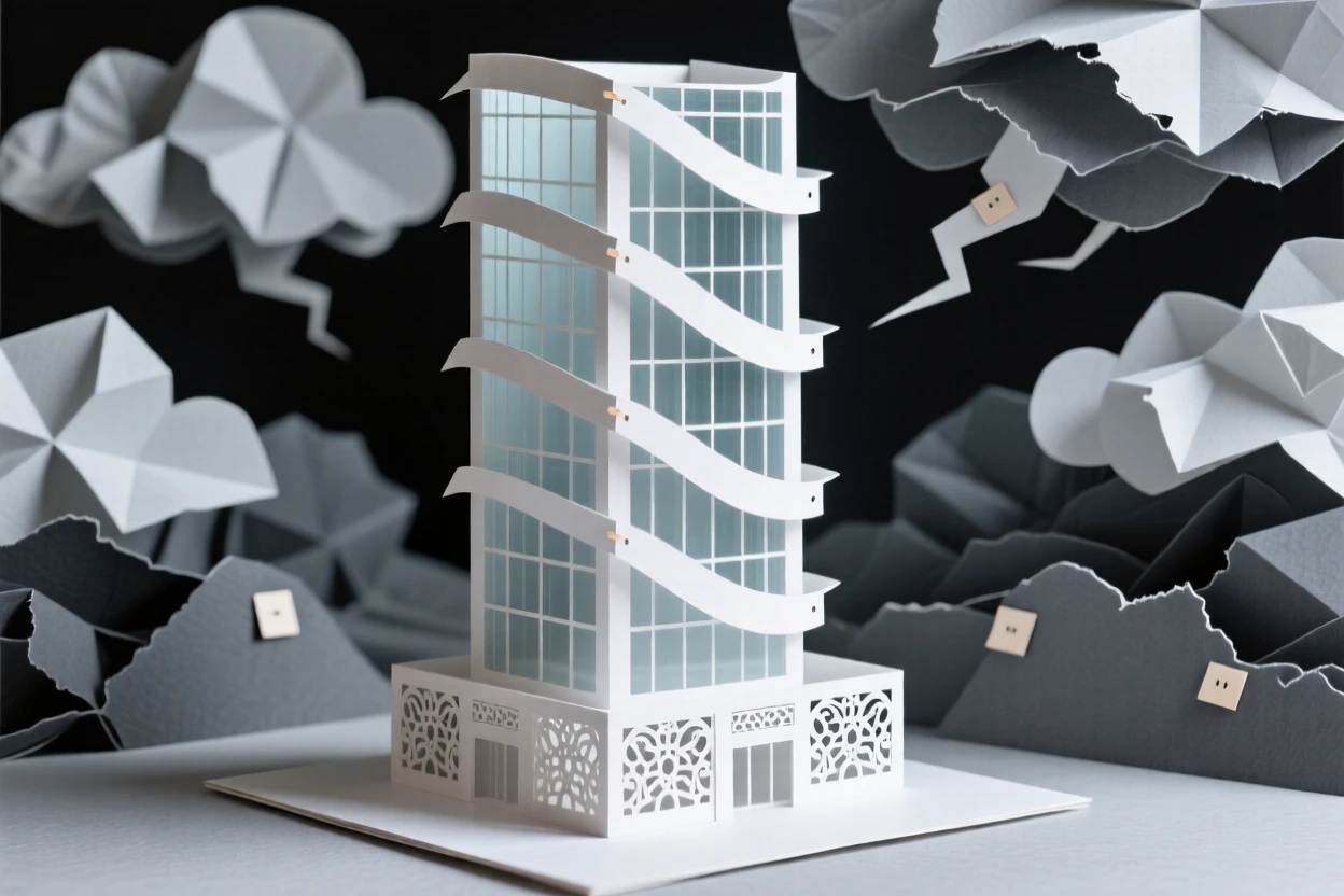 A futuristic curved glass skyscraper framed by dramatic storm clouds, with intricate carved details catching the light, capturing refined elegance and history.