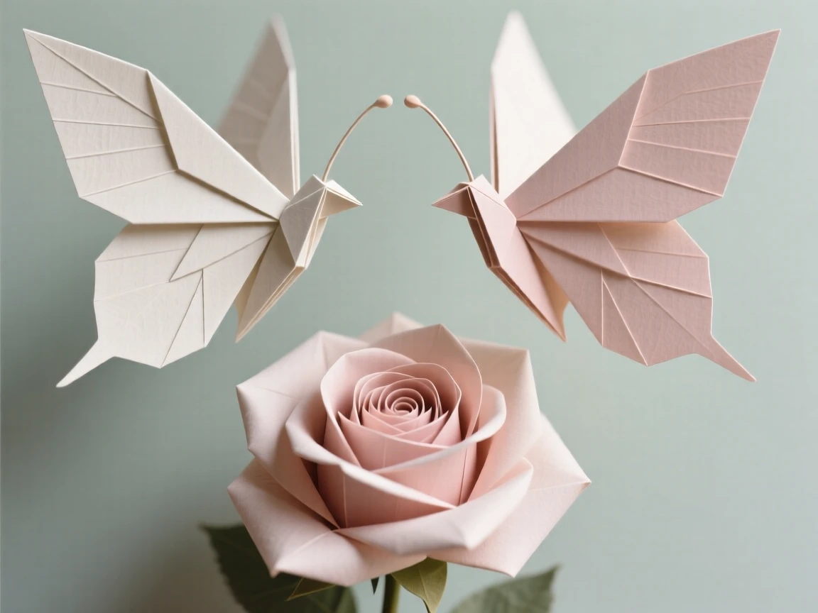 A decorative butterfly pair facing each other above a blooming rose.