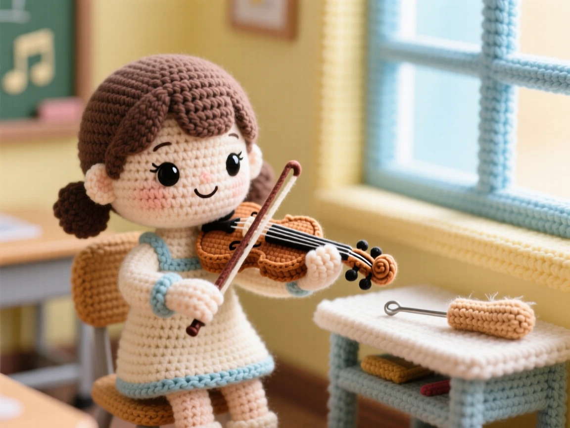 a little girl practicing violin, with careful, focused fingers, is captured playing a gentle melody by a window in a bright classroom corner set up for a project beside a favorite well-worn tool resting close by, showing joyful discovery and playful learning.