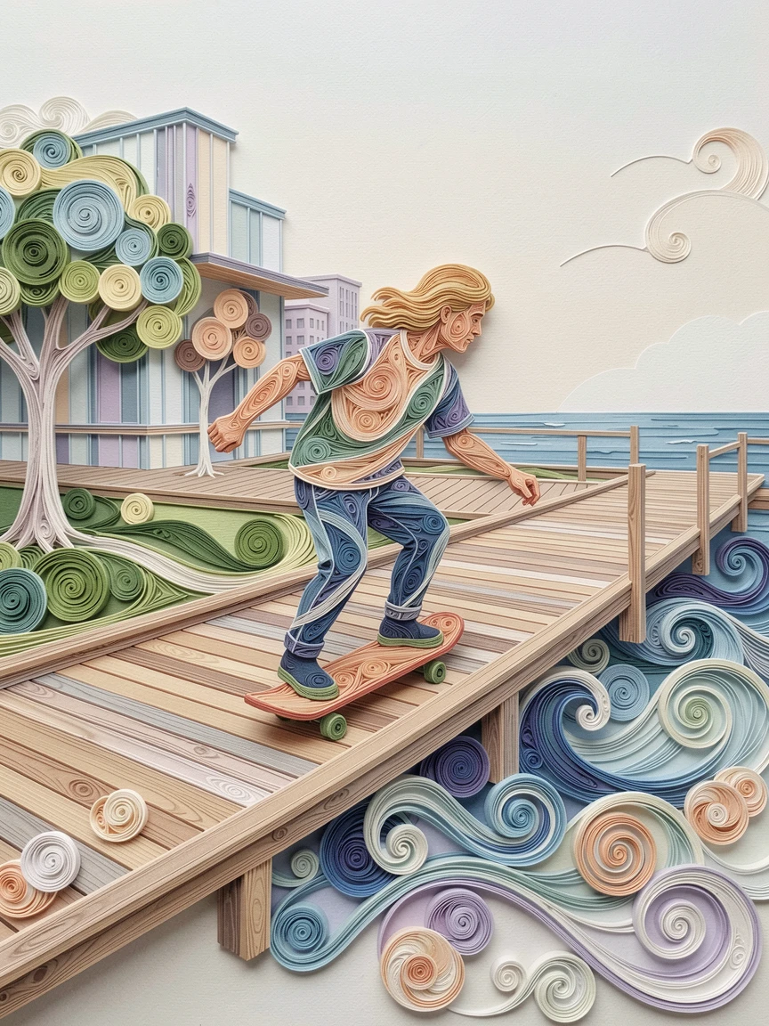 a skateboarder gliding through a sunlit urban park, along a scenic coastal boardwalk, composed with clean modern lines and open space, in a calm, soothing palette of muted pastels.