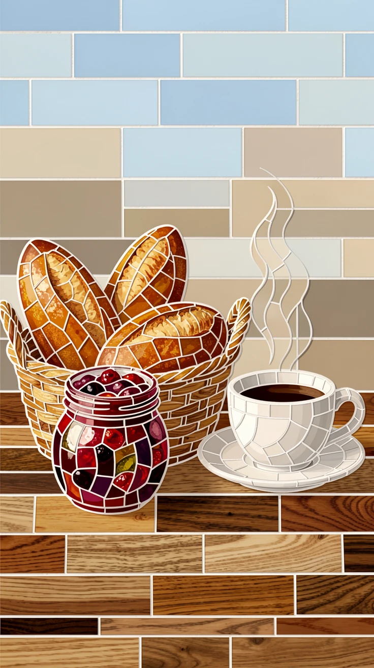 A close-up gourmet food photograph of a rustic breakfast spread with fresh bread, jam, and coffee on a wooden table, with rich color and inviting texture.