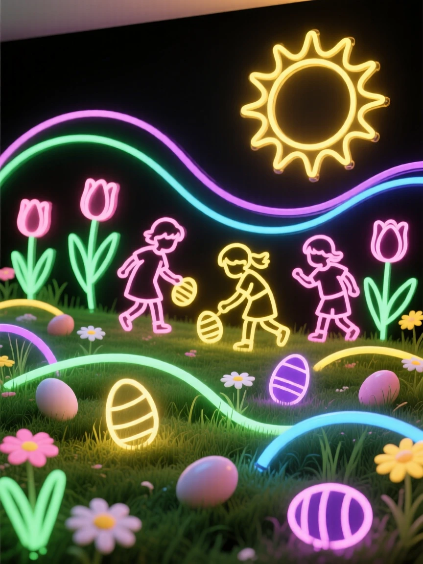A springtime egg hunt across a sunny garden lawn.