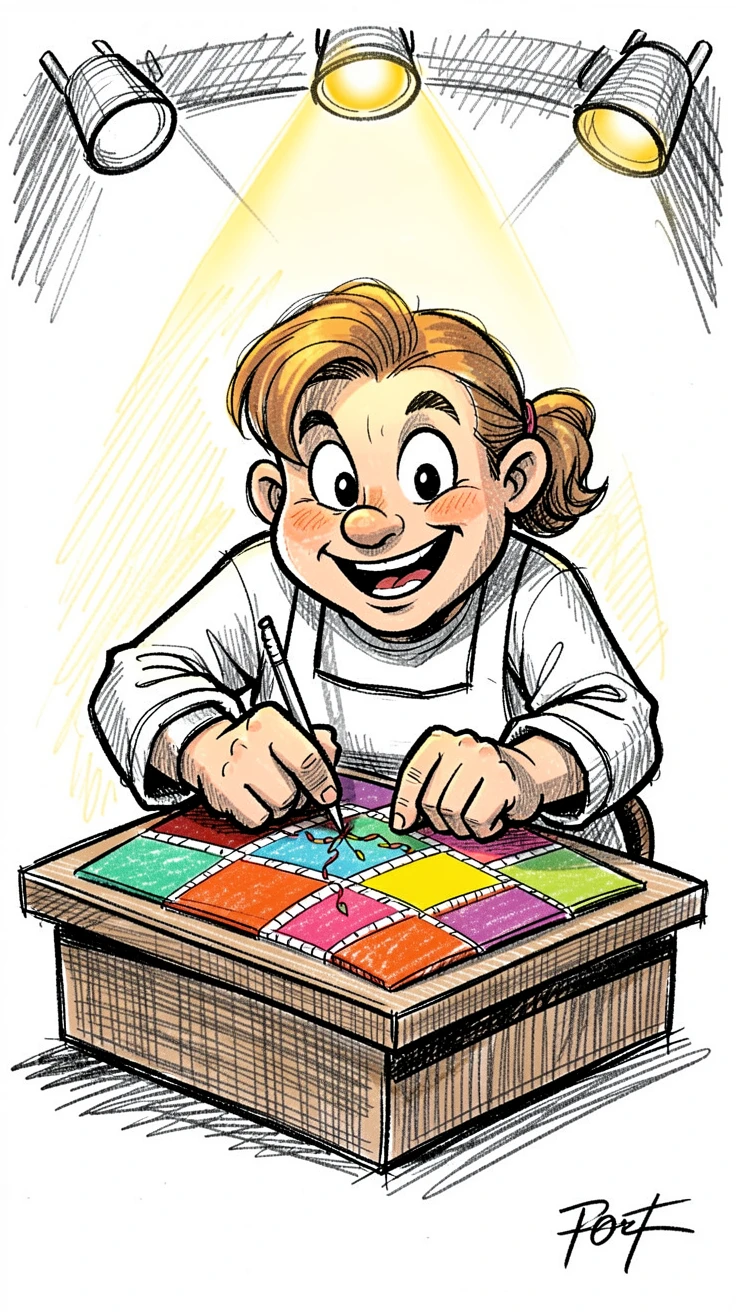 A quilter stitching together colorful fabric squares on a small stage under warm lights.
