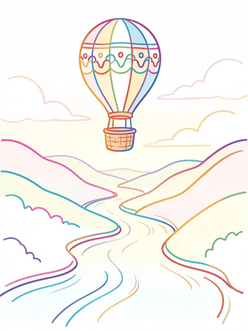A single hot air balloon rising above a foggy river valley at dawn.