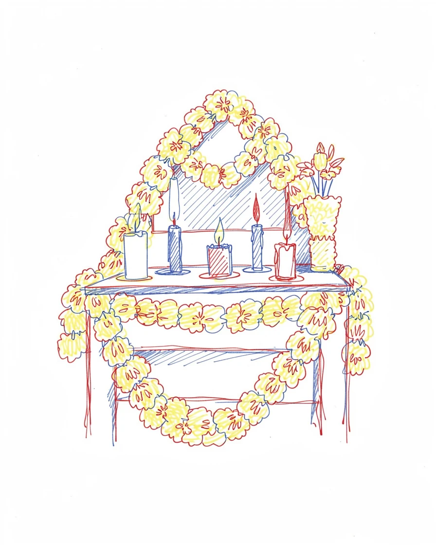 A traditional Day of the Dead altar decorated with marigolds and candles