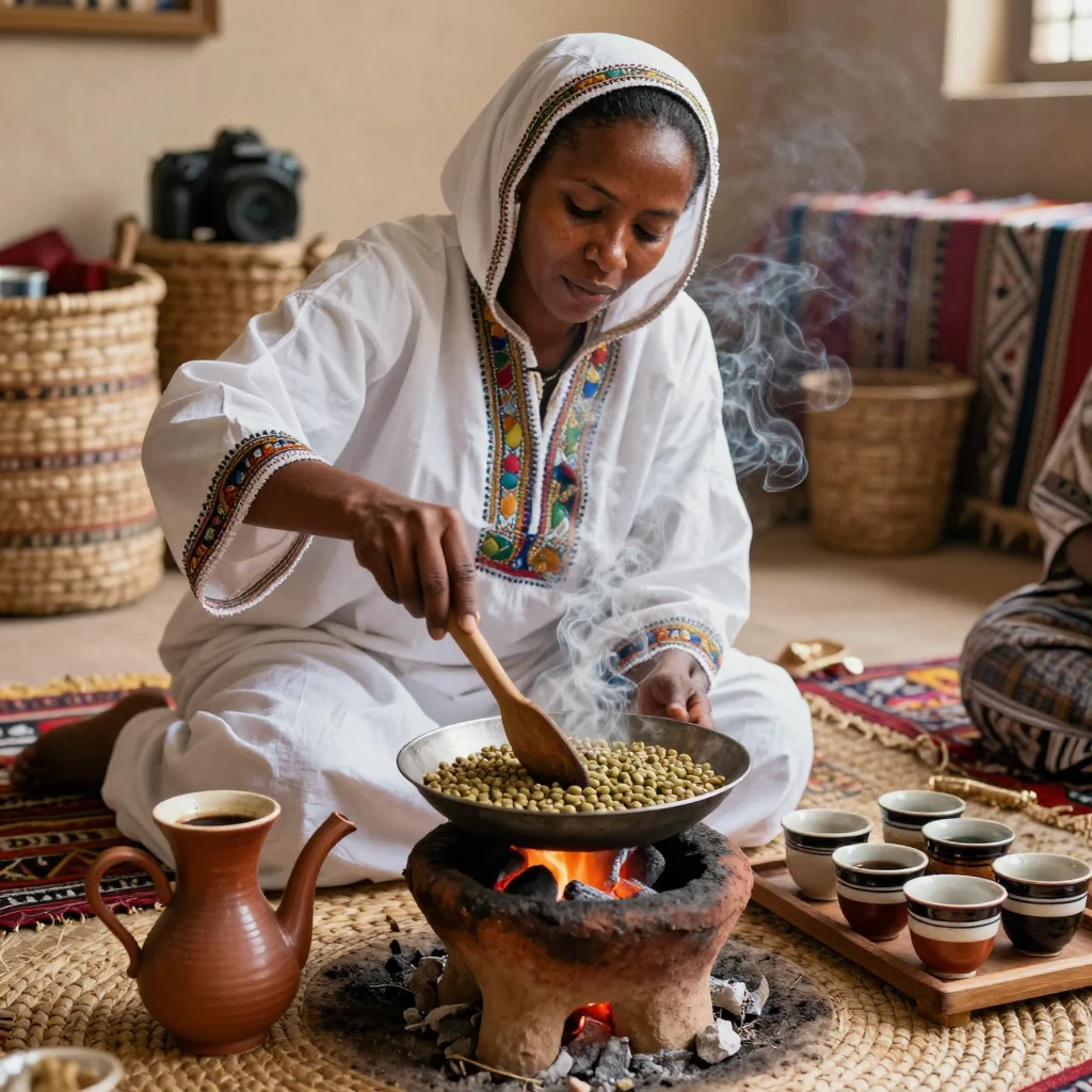 An Ethiopian coffee ceremony with traditional roasting