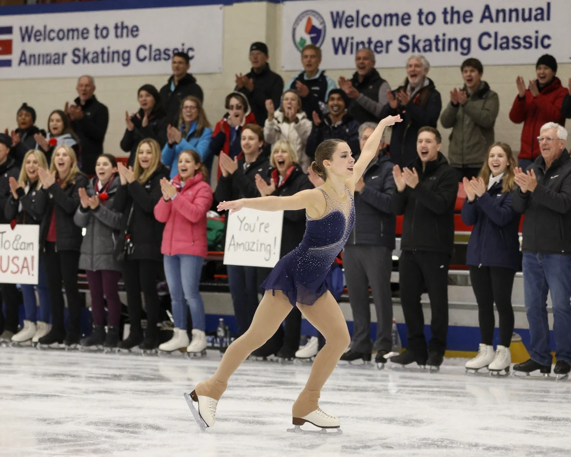 A figure skater lands a spin to roaring applause from the crowd.