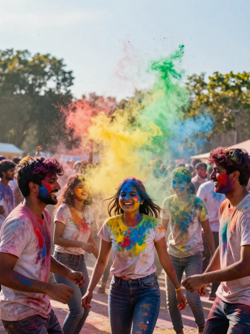 Colorful powder exploding into the air during a joyful Holi festival celebration
