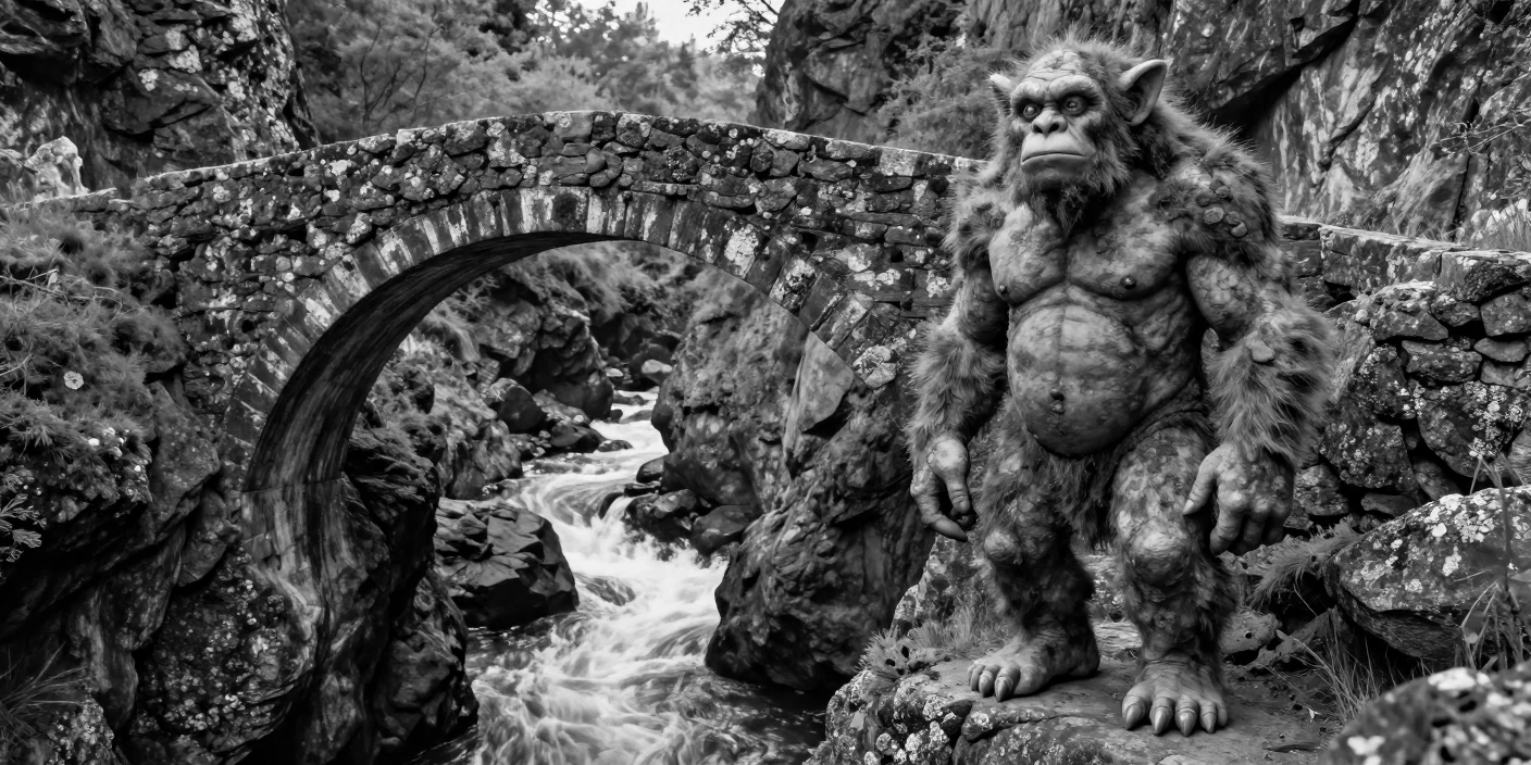 A troll guards a stone bridge over a ravine beside a rushing gorge river.