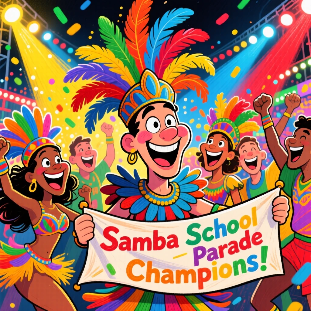 A group celebrating a samba school parade competition beneath dazzling lights.
