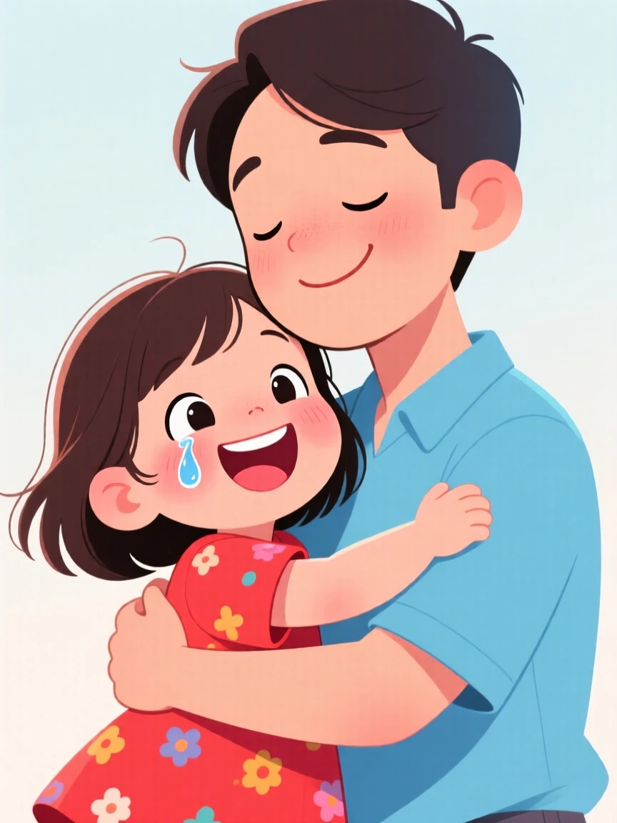 A heartwarming moment depicting a beaming little girl sharing an unexpected, tender embrace, with a single joyful tear rolling down a cheek.
