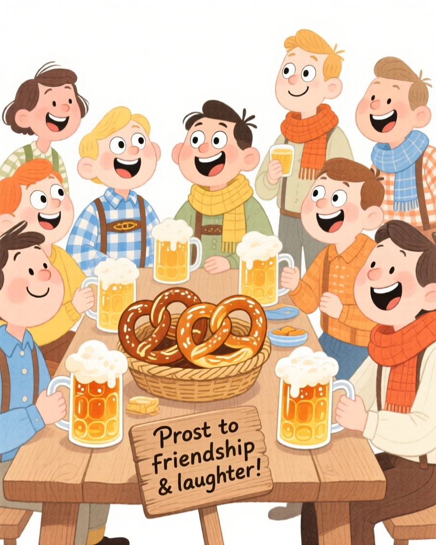 A joyful celebration scene of a cozy Oktoberfest table with pretzels and steins, filled with warmth and laughter