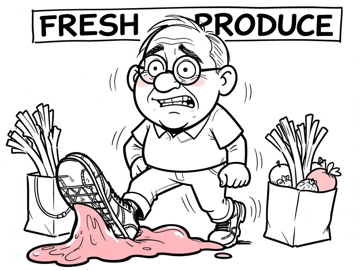[Funny & Exaggerated Situations] Comical scene of a sheepish grocery shopper getting a shoe stuck in bubblegum, exaggerated for maximum laughs