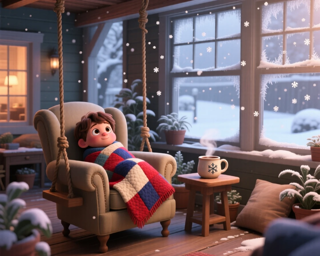 A young reader curled in an armchair sits on a porch swing wrapped in quilts, watching snowflakes drift past the window. A feeling of safety and slow relaxation lingers here, with steam rising from a nearby mug.