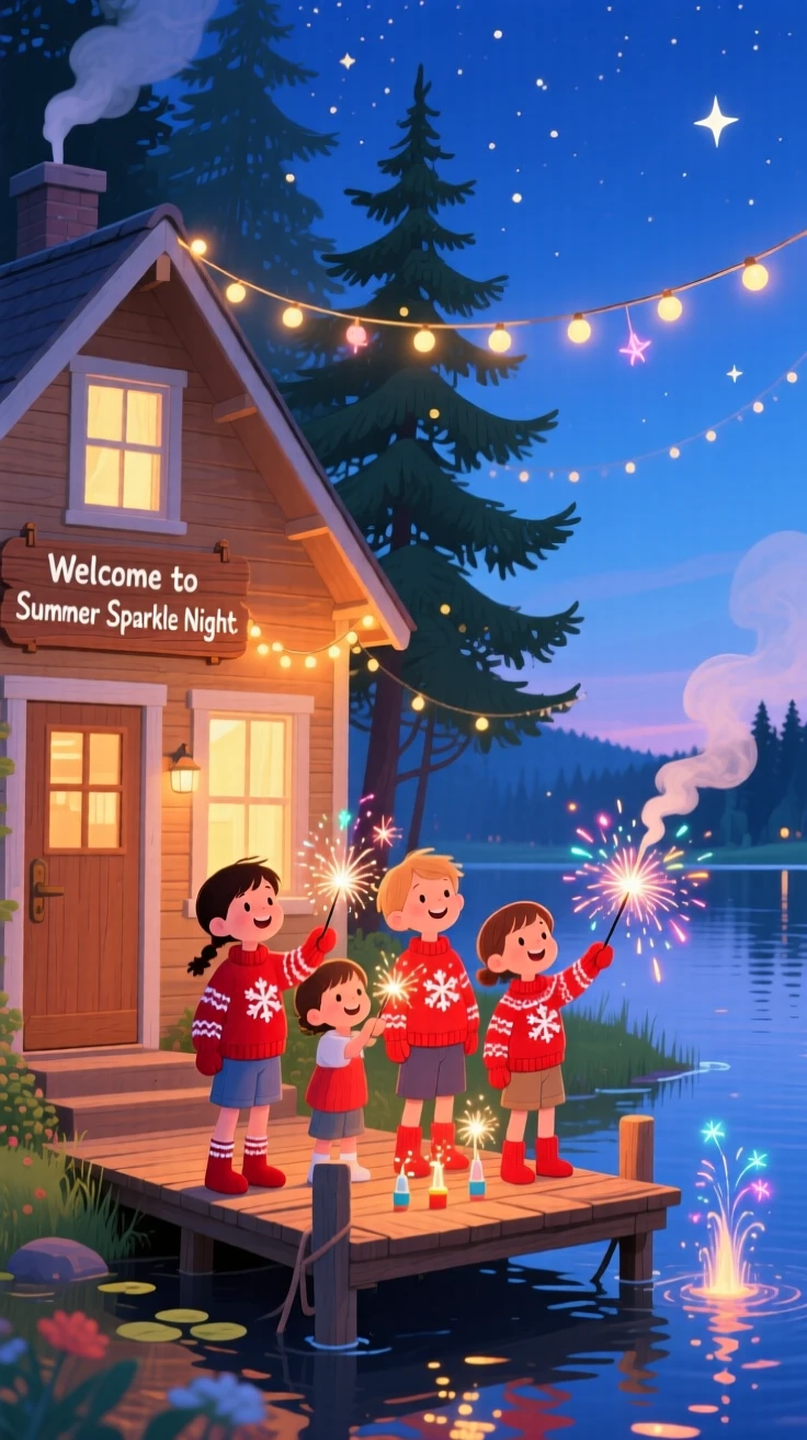 Children in matching mittens gather in a family farmhouse, lighting fireworks over a summer lake, with twinkling lights strung overhead.