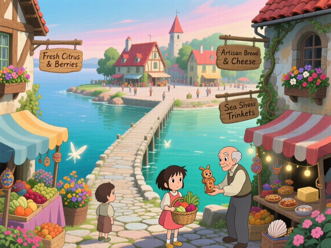 A scenic view of an island town reached by a single long causeway, as market stalls line the main square.