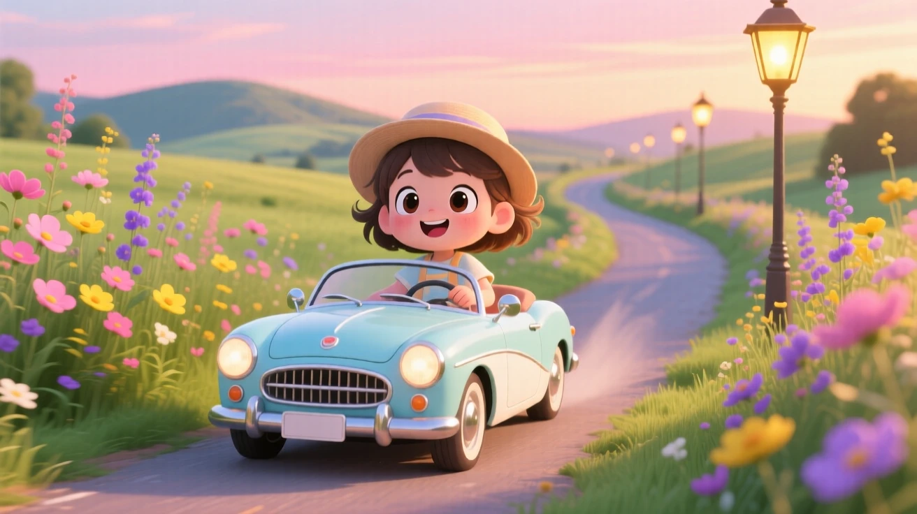 A child riding in a vintage car through a flower-lined lane in a charming countryside road during a light summer breeze; warm lamplight washes over the scene as gentle surprise fills the moment. Three-quarter view.