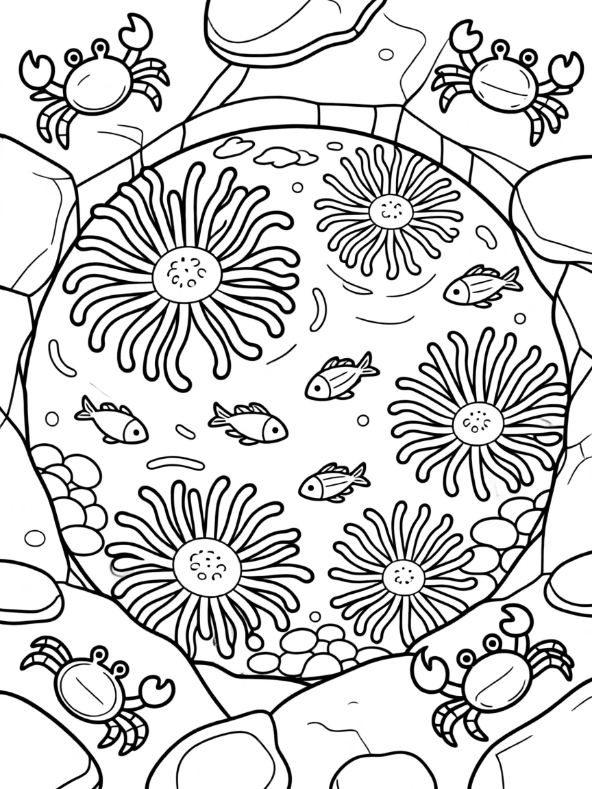 A tide pool full of anemones, crabs, and tiny fish