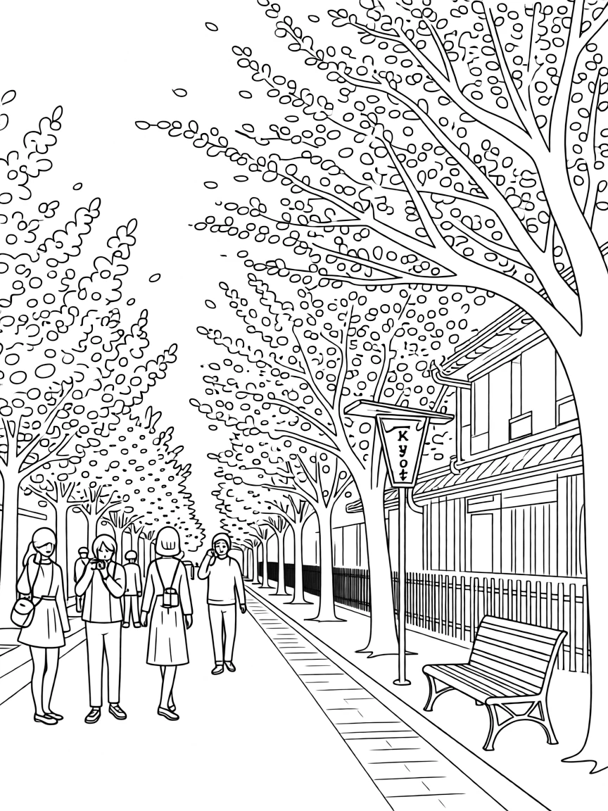 A cherry blossom-lined street in Kyoto, with locals and travelers strolling nearby.