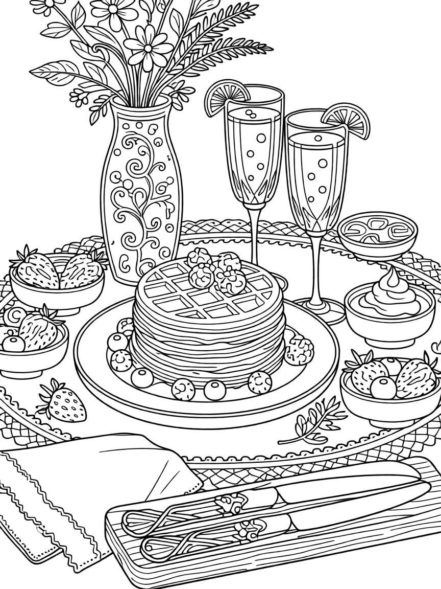 A brunch table scattered with waffles, berries, and mimosas.