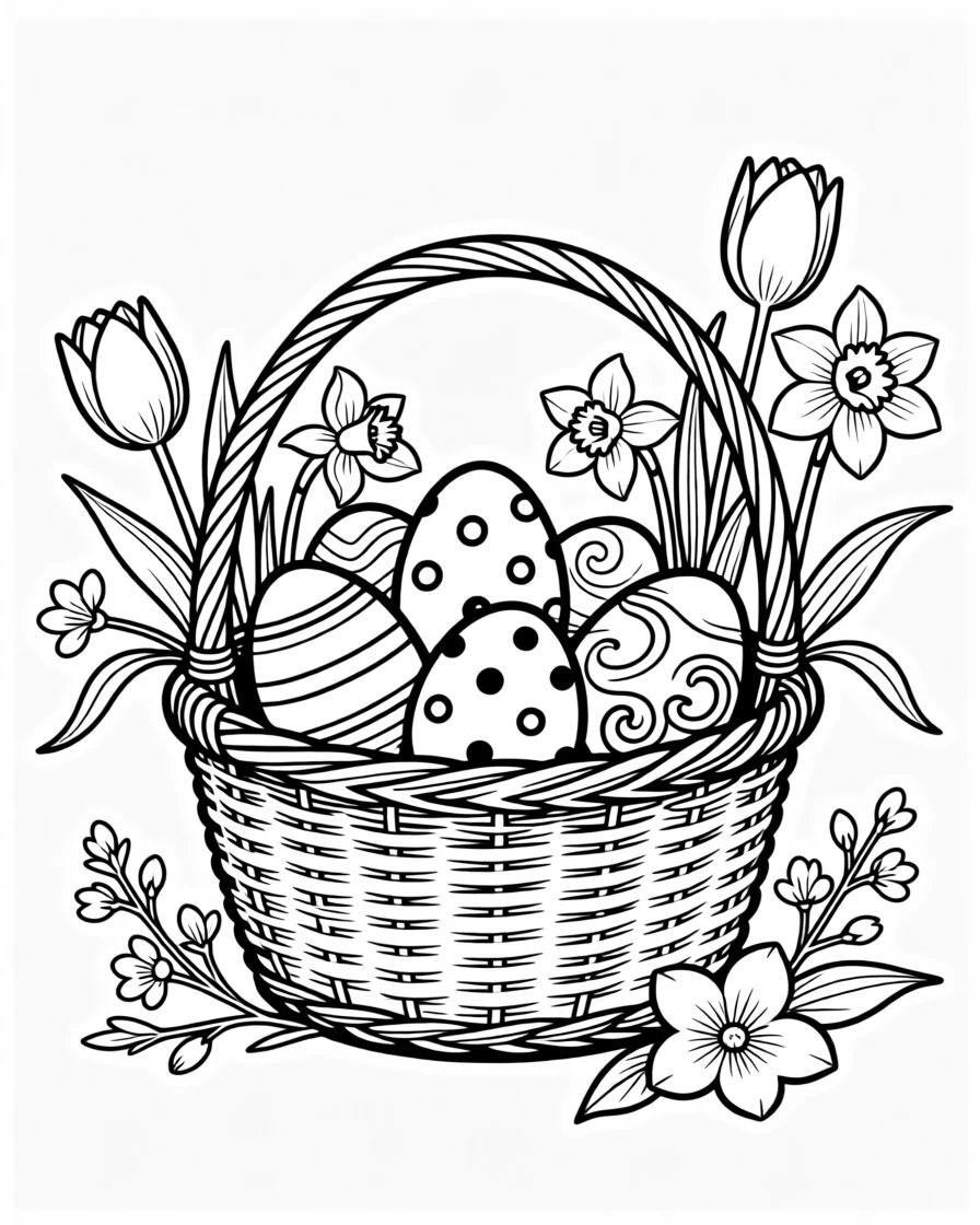 A basket of decorated Easter eggs among spring flowers