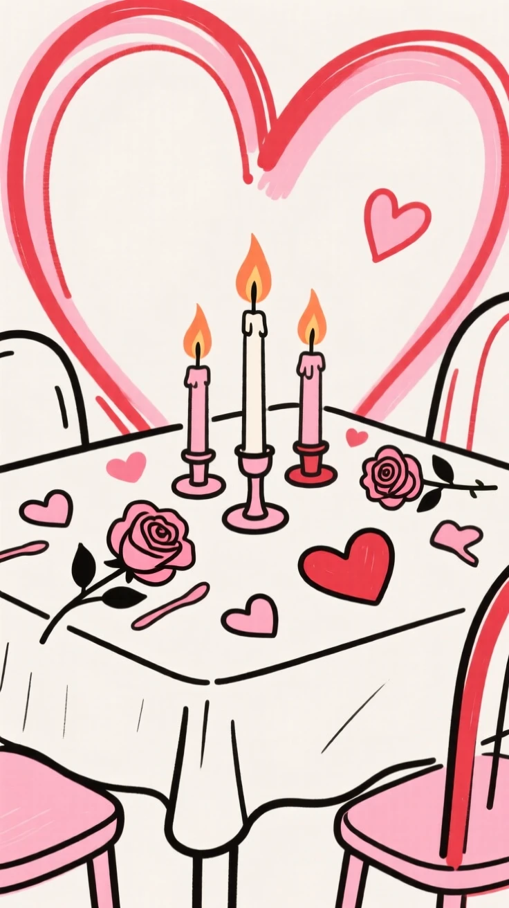 A Valentine's Day table set with candles, roses, and heart decorations.
