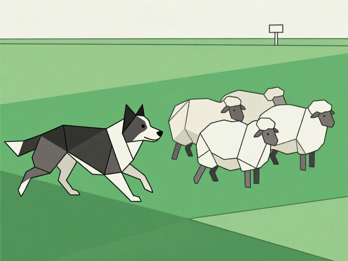 A border collie herding sheep in a green field