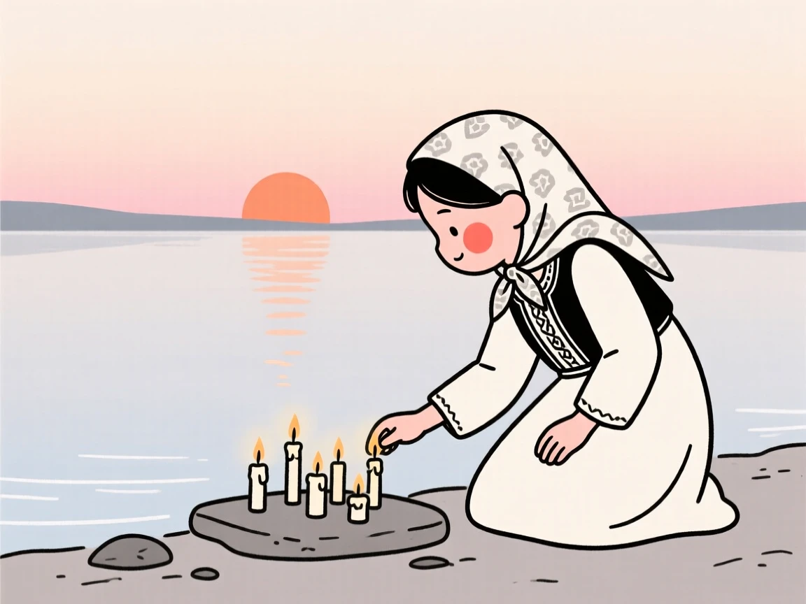 A young girl of Turkish heritage lighting candles for a quiet celebration, beside a calm lake at sunrise.