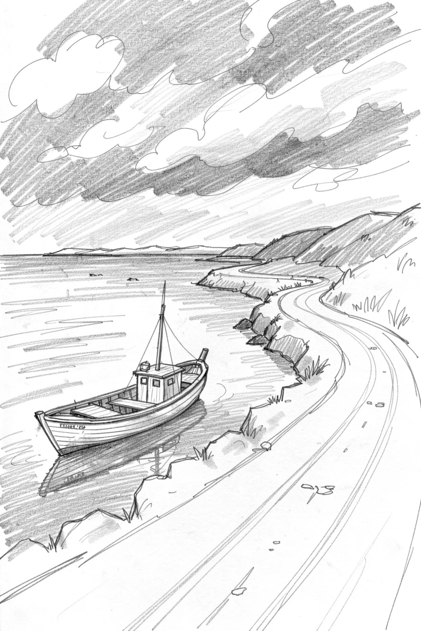 A small fishing boat anchored in a quiet cove, along a winding coastal road, with dramatic clouds gathering overhead.