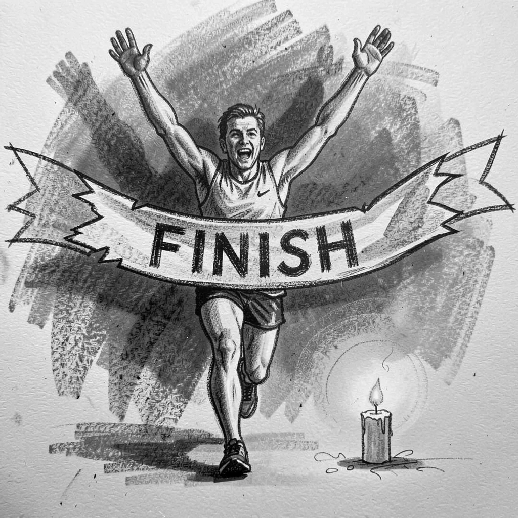 A runner crossing a finish line with arms raised in victory, as soft candlelight flickers nearby.