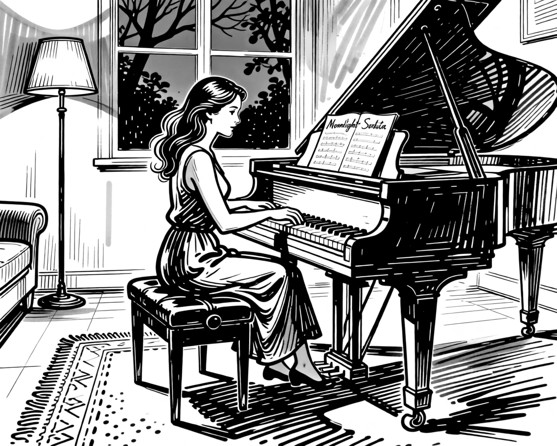 A woman practicing piano in her living room as evening light fades.