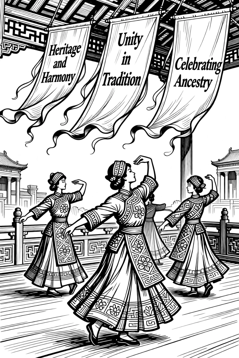 A traditional dance performed in colorful costume under banners fluttering in the wind, with intricate patterns woven into the fabric, portrayed in a quietly majestic historical scene.