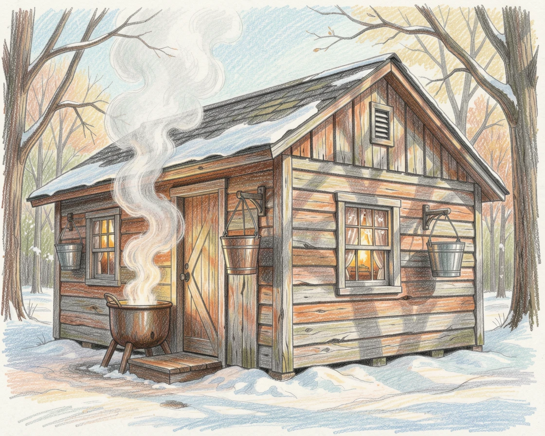 A rustic sugar shack steaming with boiling maple syrup, with a gentle play of light and shadow across the composition, full of charm, emotion, and visual delight.