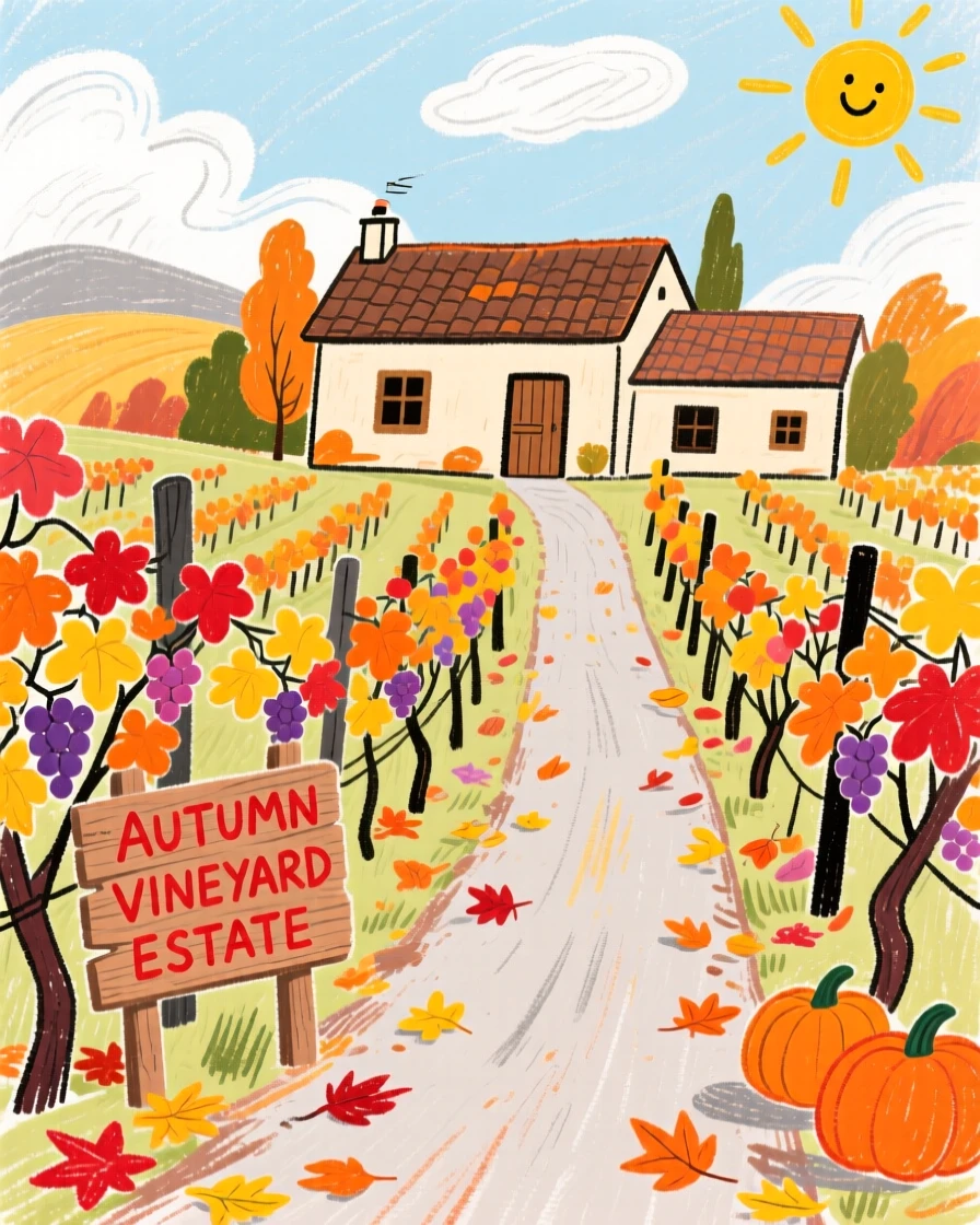 A view of a vineyard estate dusted with autumn leaves along its streets.
