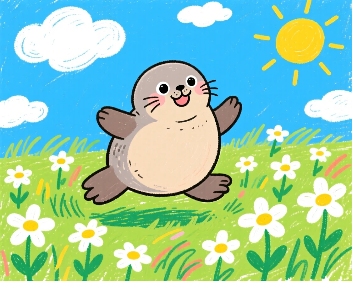 A chubby seal pup hopping through a meadow of daisies.