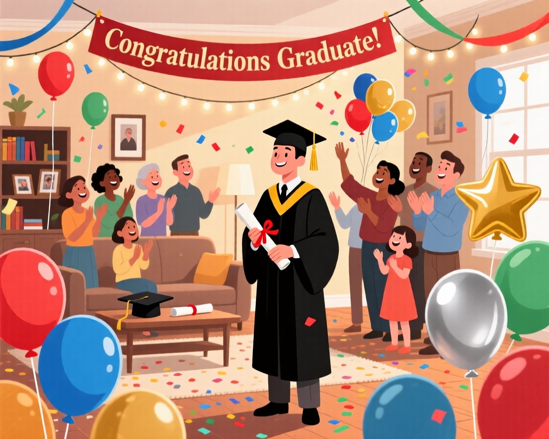 A festive graduation ceremony with a sea of celebratory balloons, set within a cozy home filled with festive cheer, arranged with joyful energy and dynamic movement, with a joyful sense of togetherness and celebration.